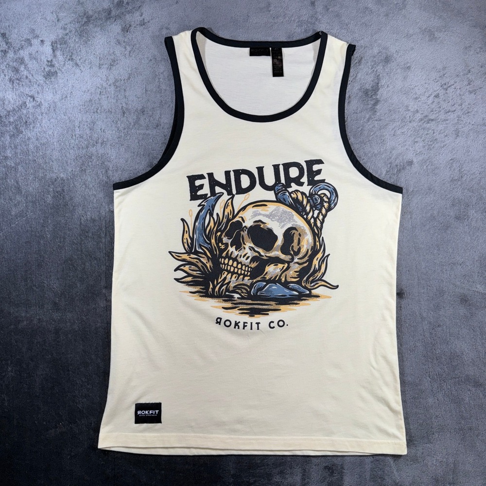 Rokfit Endure Skull Anchor Graphic Ringer Tank Top Mens Medium Cream Black